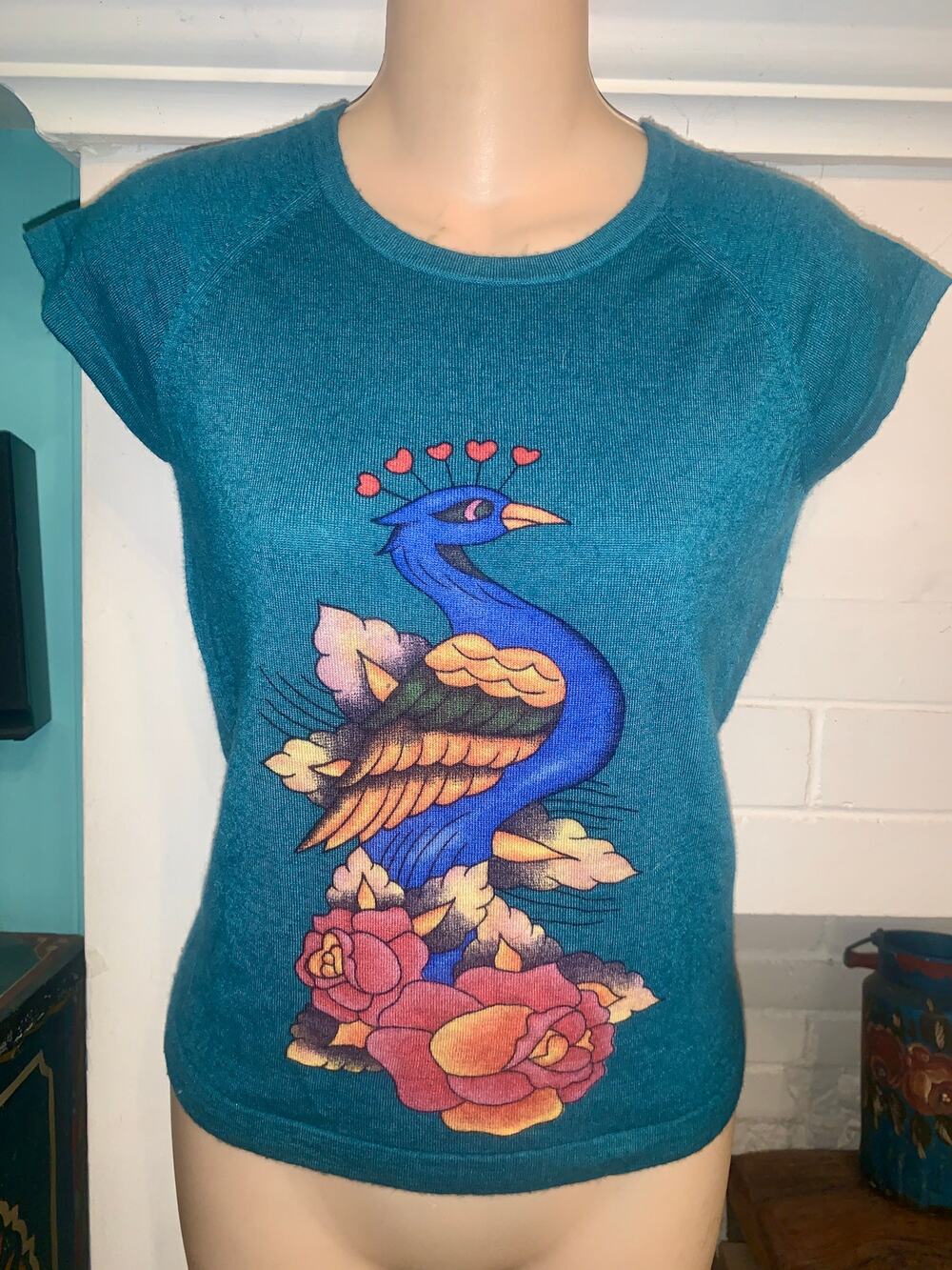 VINTAGE 90's AG AMAL GUESSOUS TEAL CASHMERE INTARSIA SHORT SLV PEACOCK SWEATER